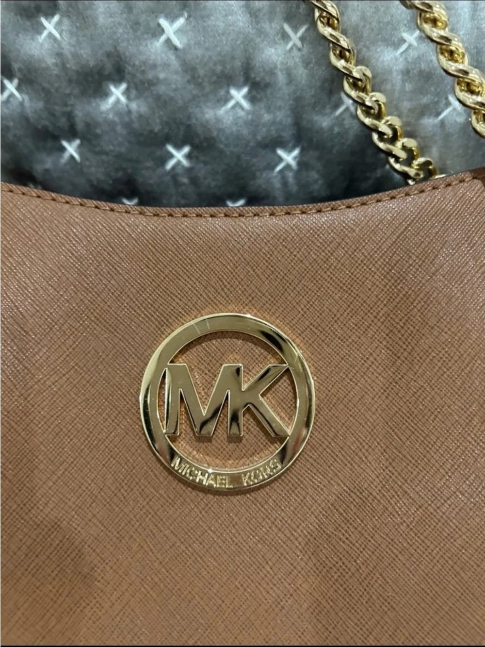 Michael Kors Cognac Saffiano Leather Shoulder Tote with Gold MK Emblem